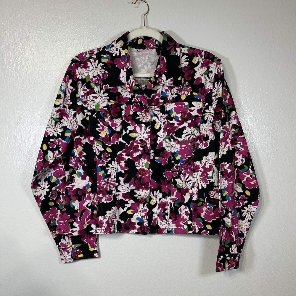 Colorful Floral Embroidered Blazer Jacket Womens M Teacher Artsy Funky Jeweled